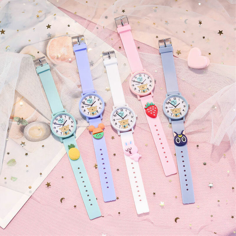 Reloj de cuarzo para niños, pulsera de mano de silicona rosa, resistente al agua, bonito dibujo animado, coreano, Color caramelo
