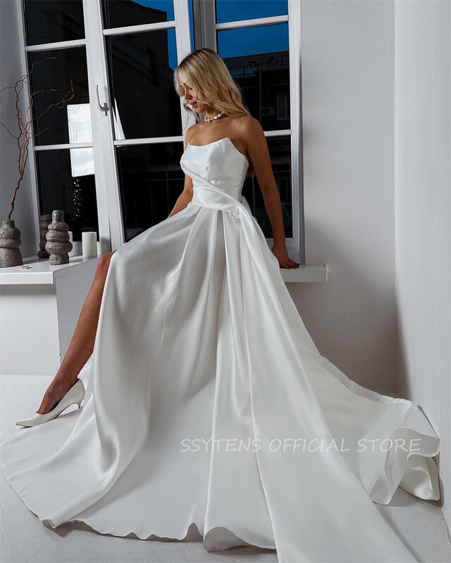 Seksowne suknie ślubne Satin Strapless Vestidos De Novia Długa biała sukienka z wysokim rozcięciem z boku dla kobiet Eleganckie suknie ślubne na przyjęcie