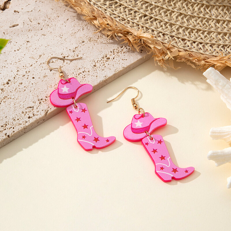 1 pair of fashionable and personalized Western denim style acrylic earrings, pink hat boots