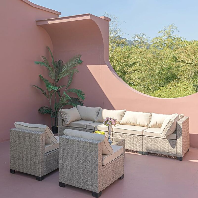 Wicker Rattan Outdoor Couch Set com mesa de armazenamento e almofadas, sofá secional, fora Conversação Suit, All-Weather