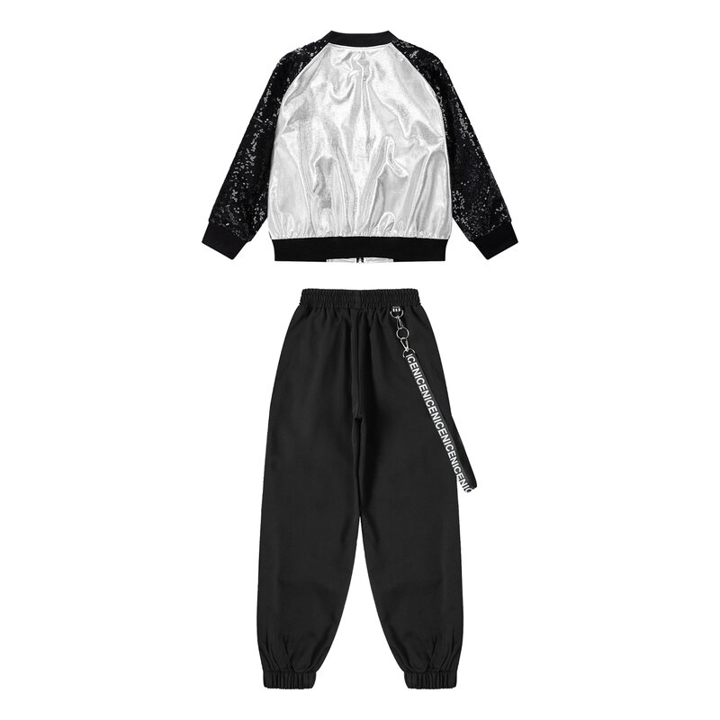 Children Jazz Hip Hop Dancewear Metallic Sequins Long Sleeve Jacket+Sweatpants Outfit for Street Dance Stage Performance Costume
