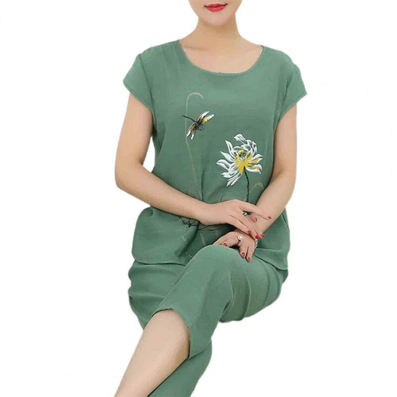 심플한 여성용 홈웨어 세트, O넥 티셔츠 바지, 꽃 동물 프린트 잠옷 세트, 1 세트