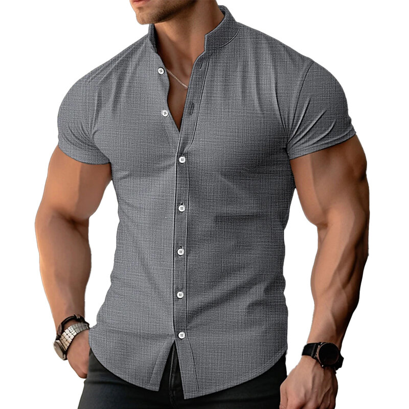 남성용 반팔 셔츠, 밴드 칼라 블라우스, 단추 다운, 캐주얼, 편안한 피트니스, 근육 폴리에스터 셔츠, 1 PC