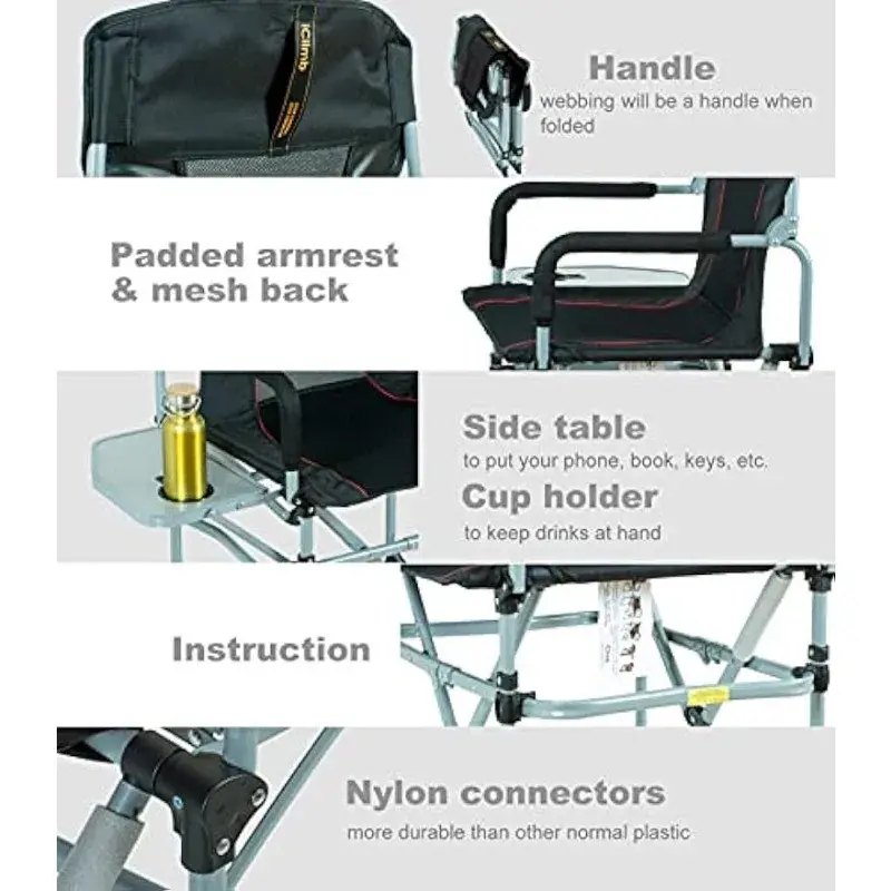 IClimb-Chaise de camping compacte, pliable, en maille, avec table d'appoint et poignée