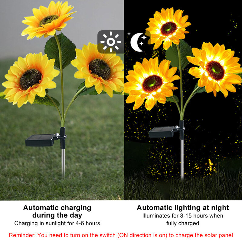 1/3หัว LED พลังงานแสงอาทิตย์จำลองดอกทานตะวันไฟสวนลานสนามหญ้าคืนโคมไฟภูมิทัศน์คืนโคมไฟตกแต่งบ้านดอกไม้แสง