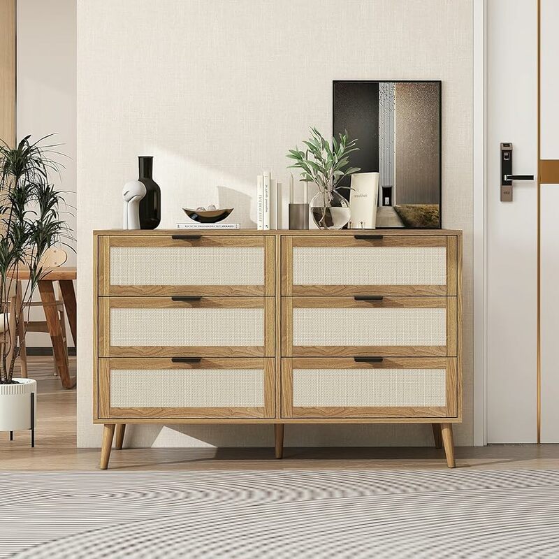 Rattan Dresser with 6 Drawer - Boho Wood Dressers, Modern Farmhouse Chest of Drawers with Gold Handles, Storage Cabinet