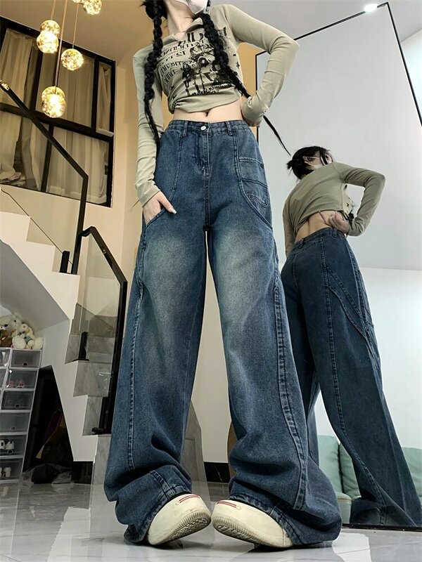 กางเกงยีนส์ขากระกางเกงขาม้าสไตล์สตรีทอเมริกันวินเทจสีน้ำเงินดีไซน์มีกระเป๋าขนาดใหญ่