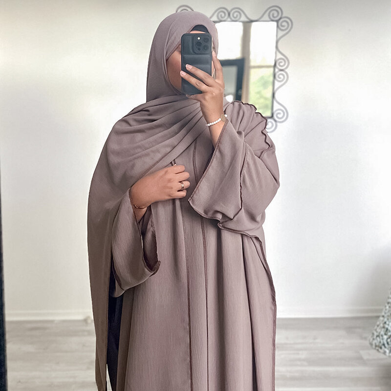 イスラム教徒の女性のためのヒジャーブ付きアバヤセット、フリーベルト付きのイスラム服、ジャズクレープ着物、ドレスの下のノースリーブ、eidラマダン、3個