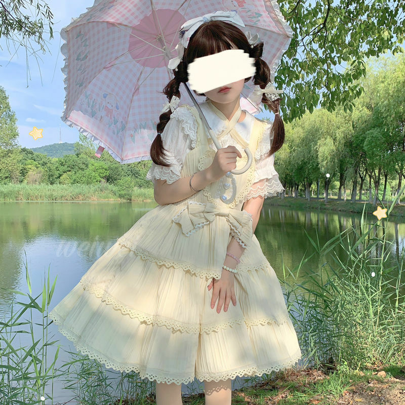 Japanse Lolita Jsk Kant Ruches Prinsessenjurk Voor Vrouwen Kawaii Prinsessenjurk Schattige Zoete Mouwloze Feestjurk Zomer Cosplay