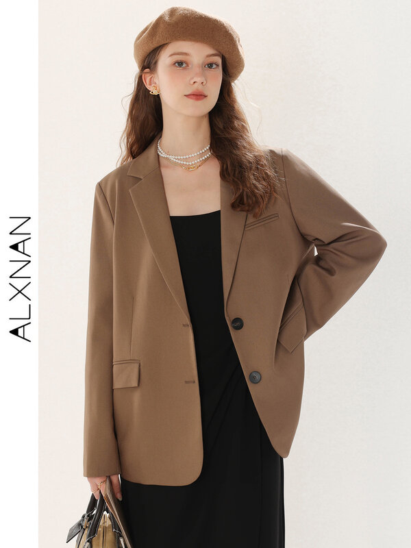 ALXNAN-Chaqueta Retro de un solo pecho para mujer, abrigo holgado con cuello vuelto elegante, ropa informal, TM00211, otoño, 2024