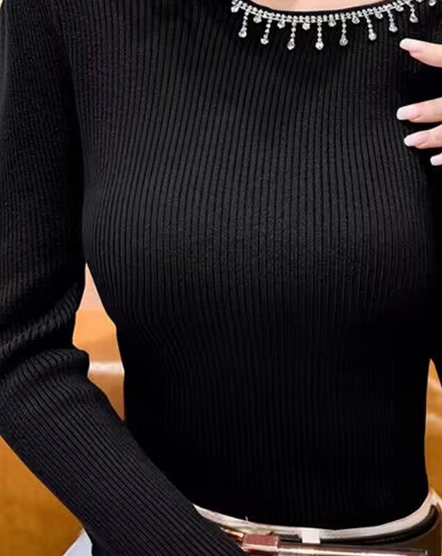 여성용 용수철 라인석 태슬 디자인 컷아웃 캐주얼 스웨터, 비대칭 넥 긴팔 스키니 데일리 니트 스웨터, 패션