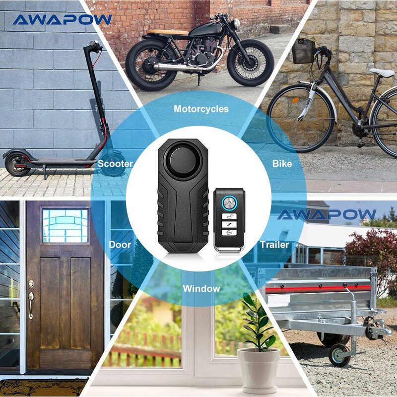 Awapow 113dB Bicycle Alarm Anti Theft Vibration Scooter Motorcycle Bike Alarm Waterproof Remote Control with SOS Function