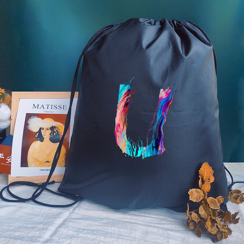 Saco de cordão criativo carta impressão mochila menina sacos de compras das crianças escola mochila personalizar sacos de desporto das mulheres saco de yoga
