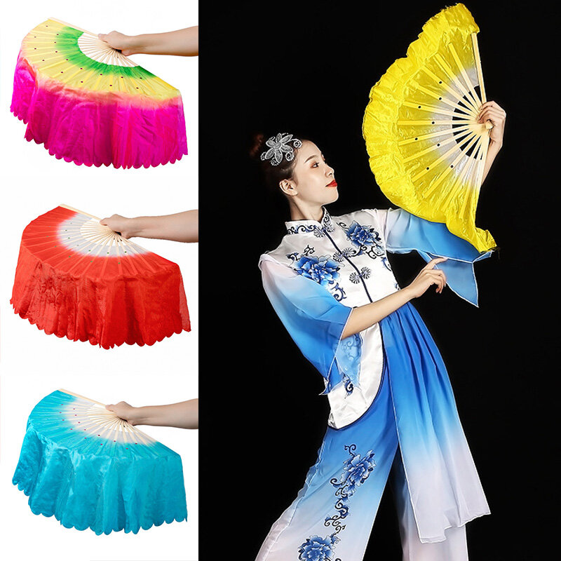 Abanico de estilo chino con mango de bambú colorido, accesorios de baile de arte folclórico, hecho a mano, seda Artificial, danza del vientre