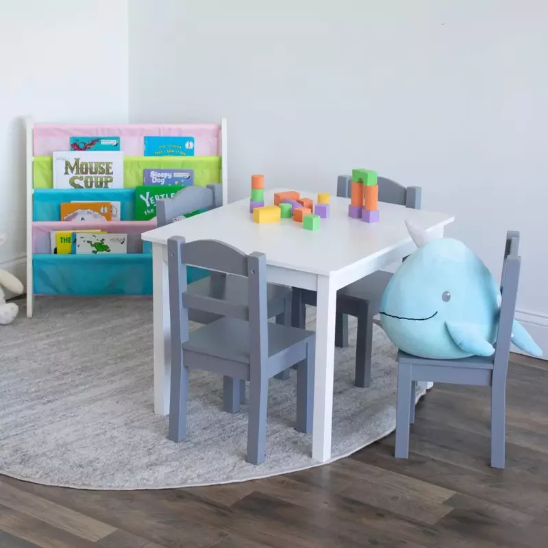 Skromna załoga Springfield 5-częściowy drewniany stół i zestaw mebli z krzesłami dla dzieci w kolorze biało-szarym
