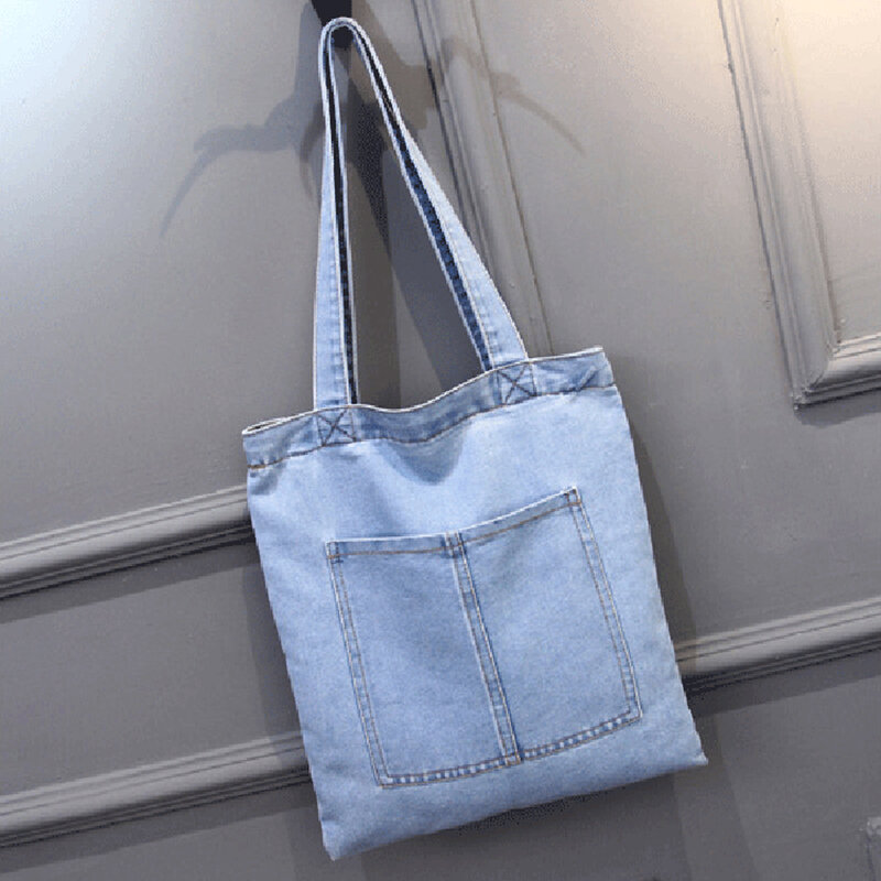 Fashion Women Large Capacity Shoulder Bags Wild Casual Handbag Street Canvas Denim Shoulder Bag Solid Color Zipper Shopping Bag