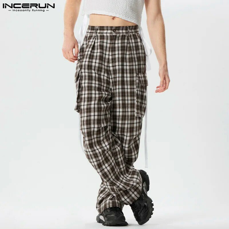INCERUN Men Plaid Pants Button Joggers Loose Pleated Pockets Casual Straight Trousers Men Streetwear 2024 Male Long Pants S-5XL