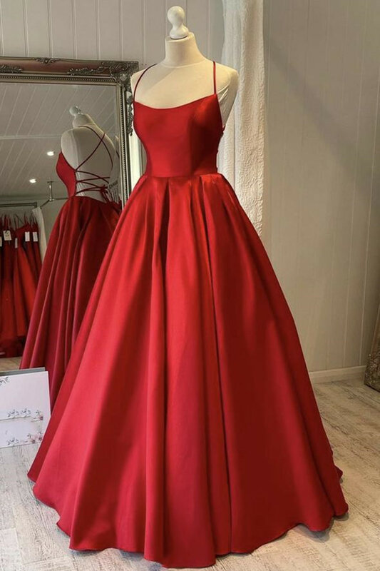 Gaun malam wanita acara Formal gaun Prom Satin panjang penuh punggung terbuka garis A merah rok pesta kustom buatan tangan