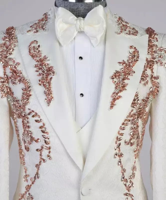 Conjunto de traje de Jacquard blanco para hombre, Blazer + Pantalones, puente de cristal de lujo, esmoquin de boda para novio, chaqueta de fiesta de graduación hecha a medida, 2 piezas