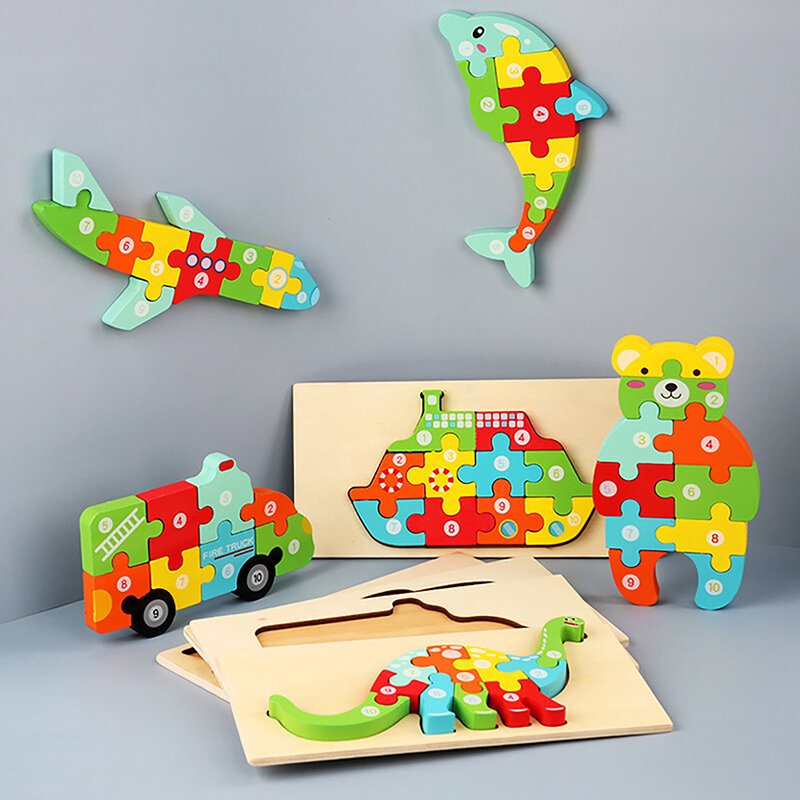3D Wooden Dinosaur Jigsaw Puzzle para crianças, educação infantil, classificação de cores, aprendizagem, brinquedos educativos
