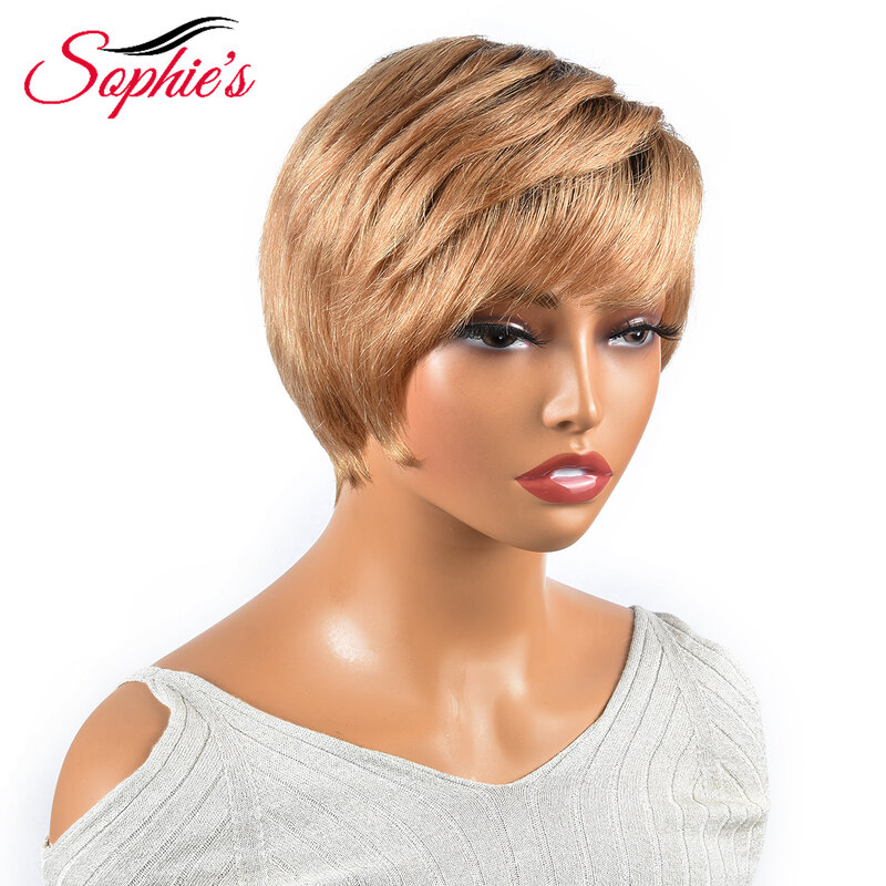 Sophies-peruca remy natural brasileira, corte pixie, curto, reto, colorido, sem renda, densidade 180%