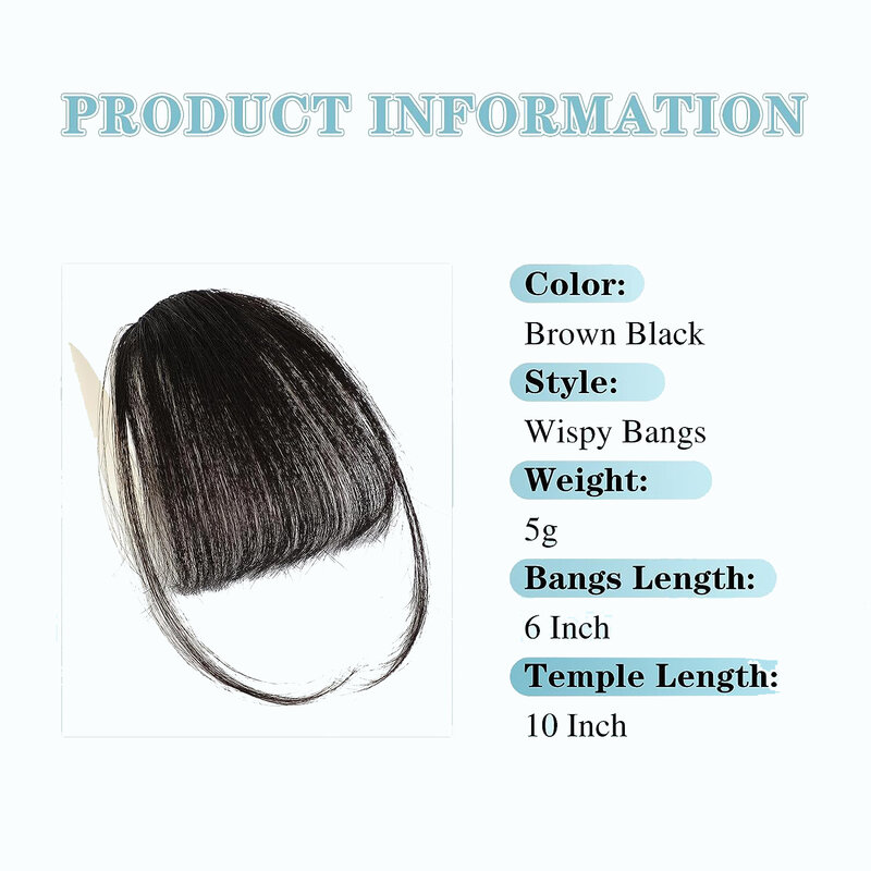Clip in Bangs Wispy Bangs Clip in Hair Extensions, Brown Black Air Bangs Fringe with Temples Hairpieces for Women Curved Bangs