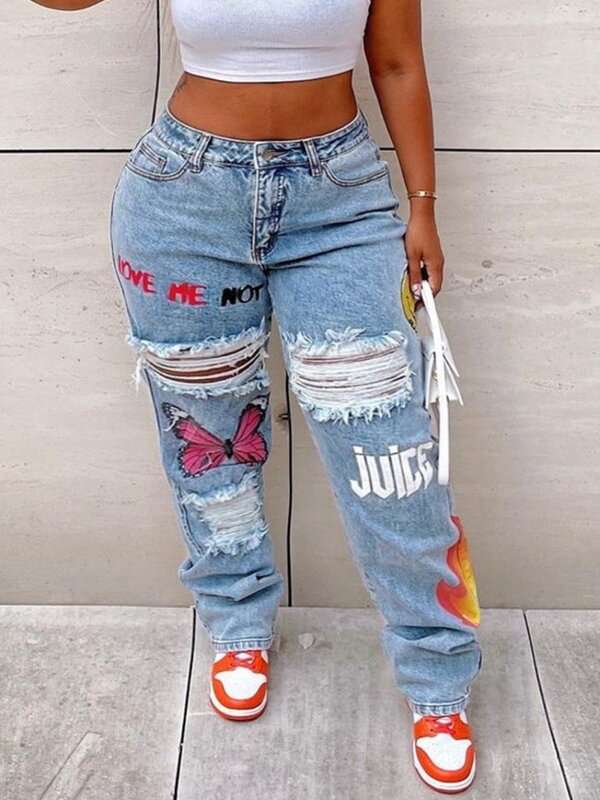 LW Plus Size farfalla lettera stampa Jeans strappati donna pantaloni dritti moda Denim di grandi dimensioni pantaloni Streetwears (2 colori)