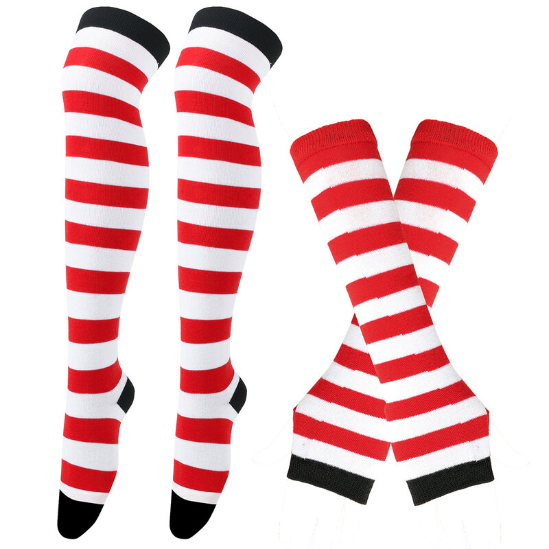 Womens Striped Stocking Socks Knee High Socks Thigh High Over The Knee Hosiery Arm Warmer Fingerless Gloves Set