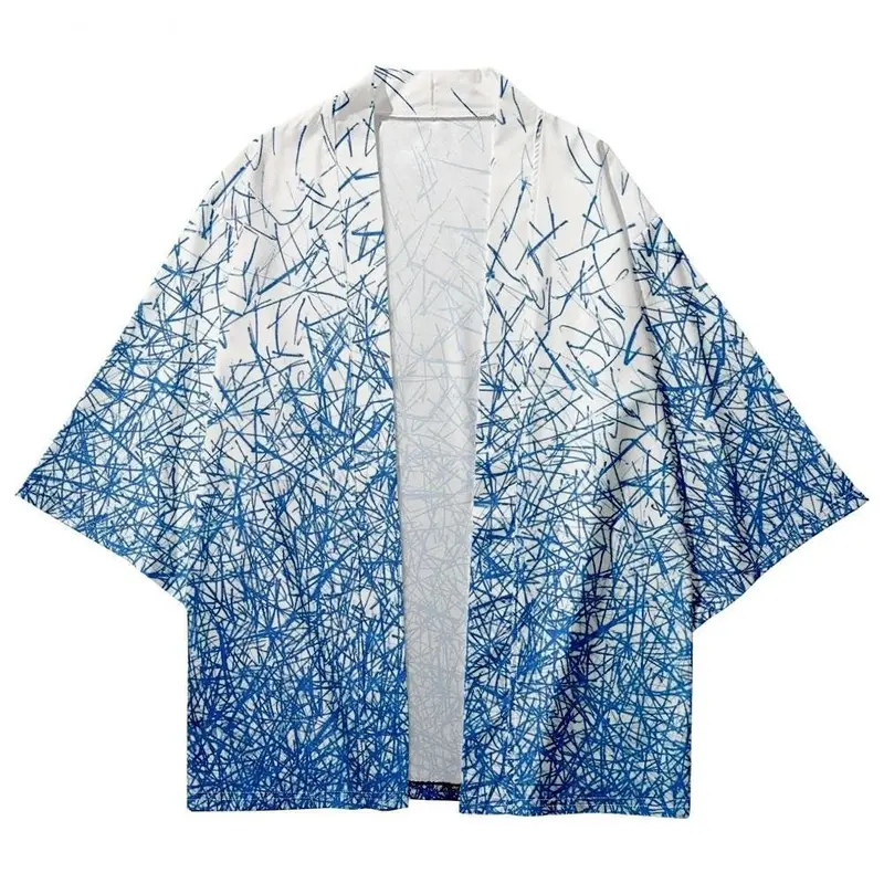 Japonês Yukata Cosplay Cardigan Camisas, Geometry Print, Haori tradicional, quimono branco, moda casual, quimono para homens e mulheres