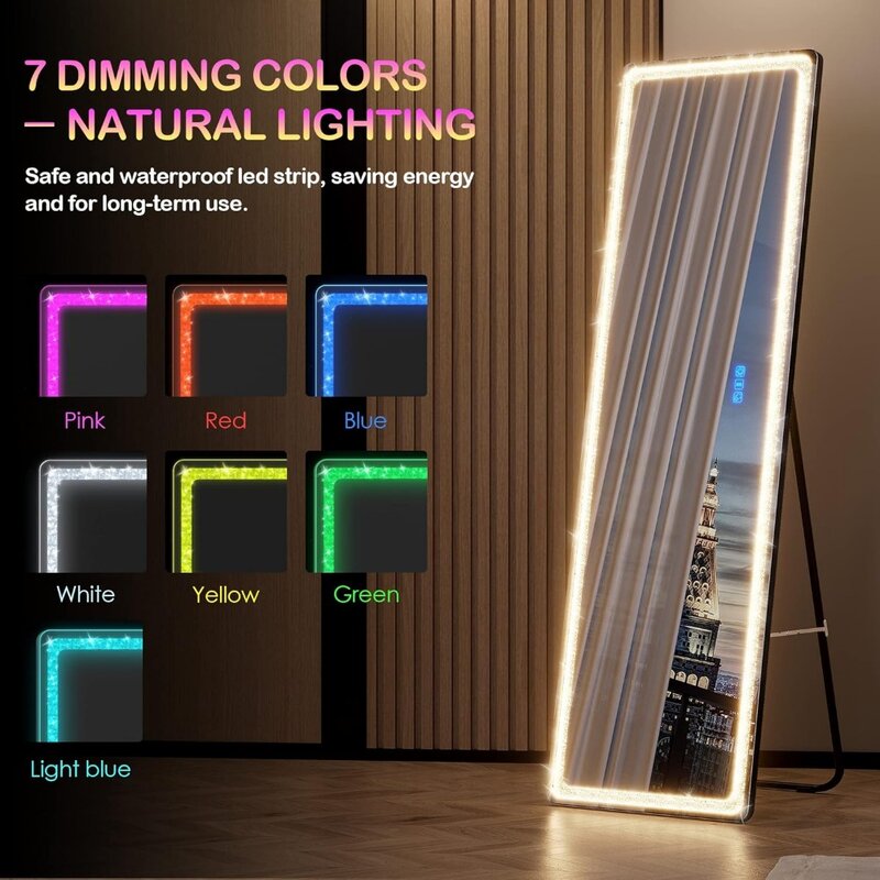 Espejo de longitud completa con luz LED, 63x20, diamantes, RGB de suelo independiente, 7 velocidades de color ajustables