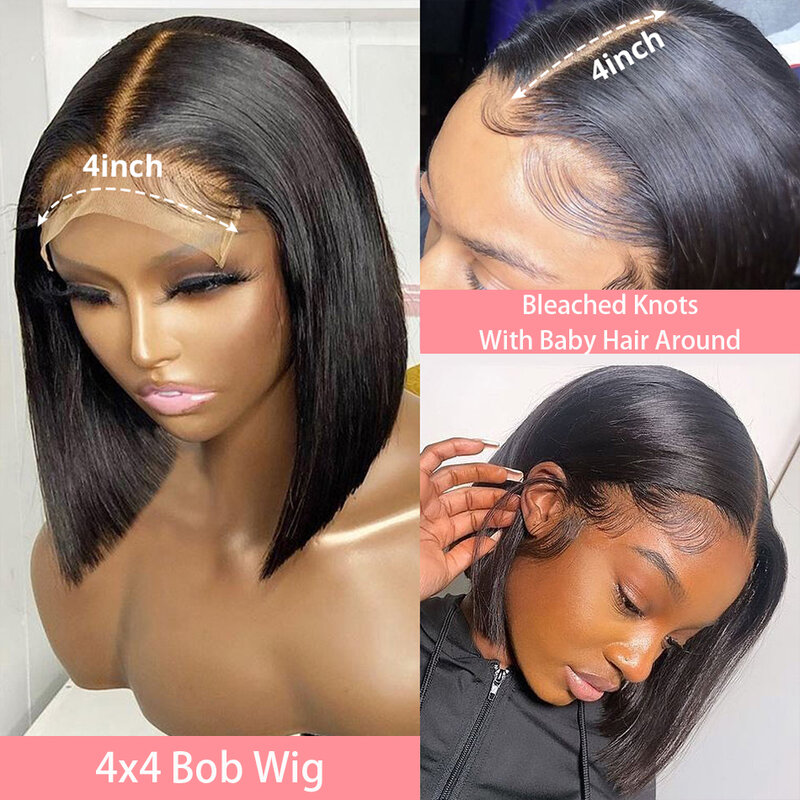 Perruque Bob Lace Front Wig Remy Brésilienne Naturelle, Cheveux Courts Lisses, 13x4, 4x4, Pre-Plucked, pour Femme