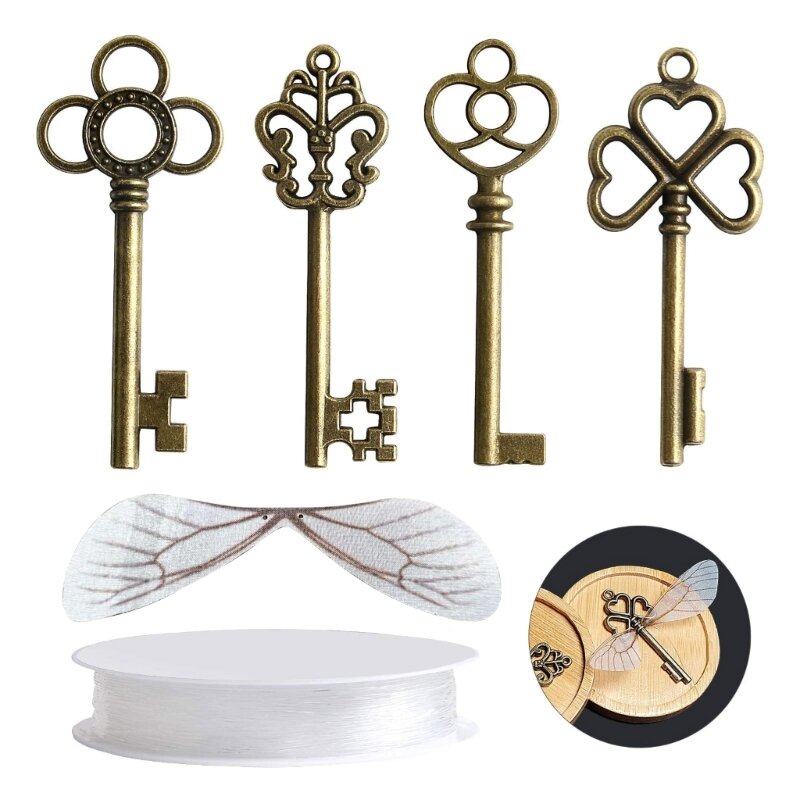 Fashion Flying Keys Charms with 28x Dragonfly Wings Exquisite Skeleton Keys for DIY Craft Jewelry Making Necklace Decor