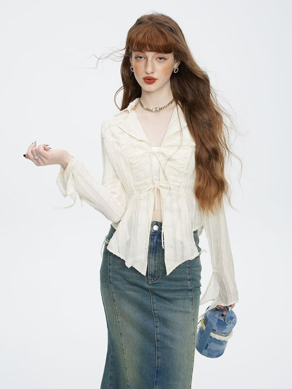 Nieregularne koszule topy damskie Y2k francuski styl eleganckie smukłe wzór bandaż o cienki, na jesień temperamencie codziennie dopasowane