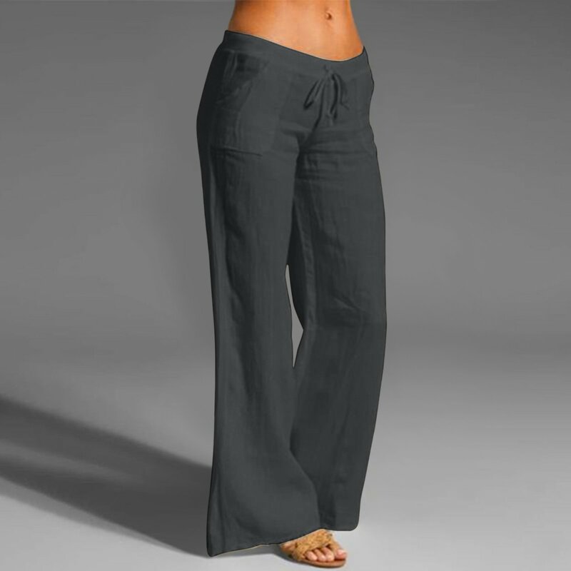 Calça de perna larga cintura alta feminina, calça com elástico na cintura, monocromática, confortável, reta, longa, bolso, moda