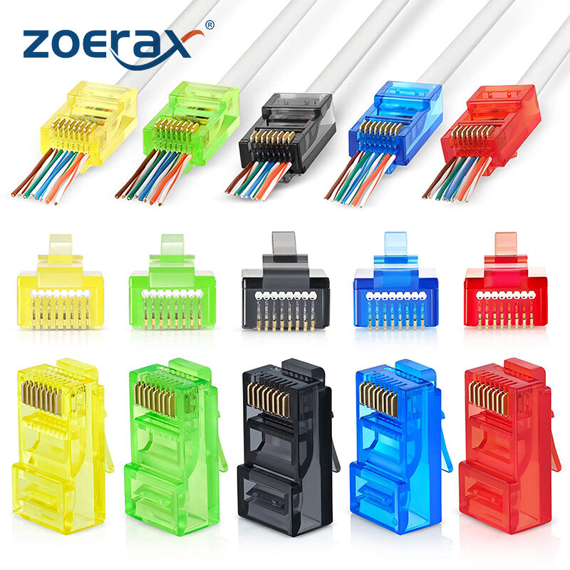 ZoeRax-Pass Through conectores para cabo de rede UTP sólido ou encalhado, EZ para crimpagem Plug Modular, RJ45 Cat6, cores sortidas