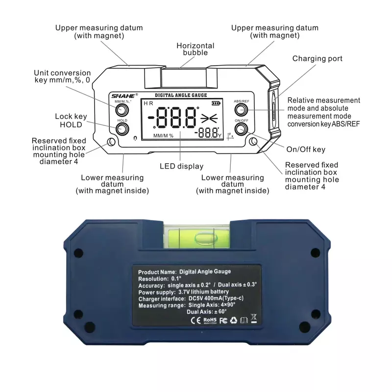 SHAHE Inclinómetro de nivel Digital, transportador electrónico de doble eje, caja de bisel recargable, medidor de buscador de ángulo de nivel electrónico