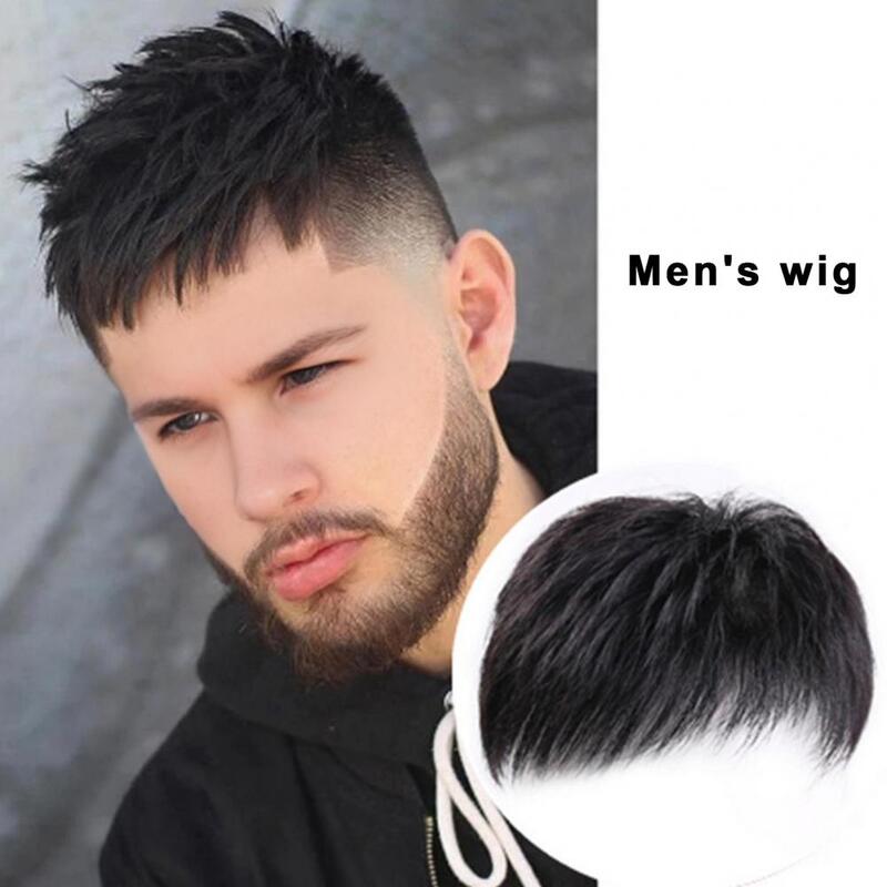 男性用フリンジ付き人工毛エクステンション、男性用ショートヘアピース、天然毛、ヘッドカバー、黒髪