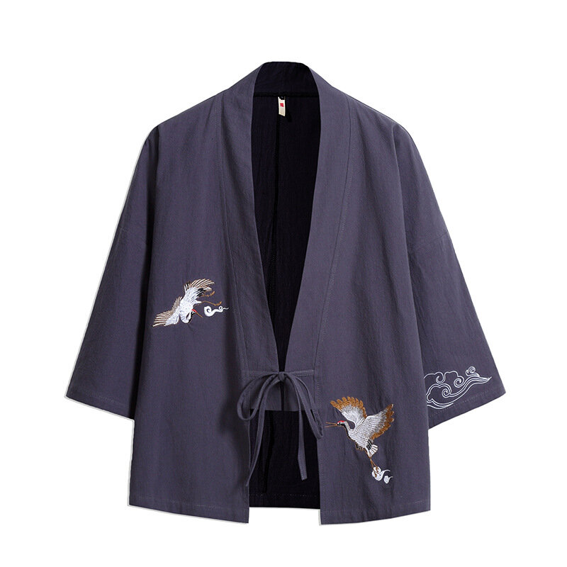 Kimono Haori Bordado Crane para Homens e Mulheres, Samurai Japonês Yukata, Roupas Asiáticas, Cardigan Harajuku, Jaqueta