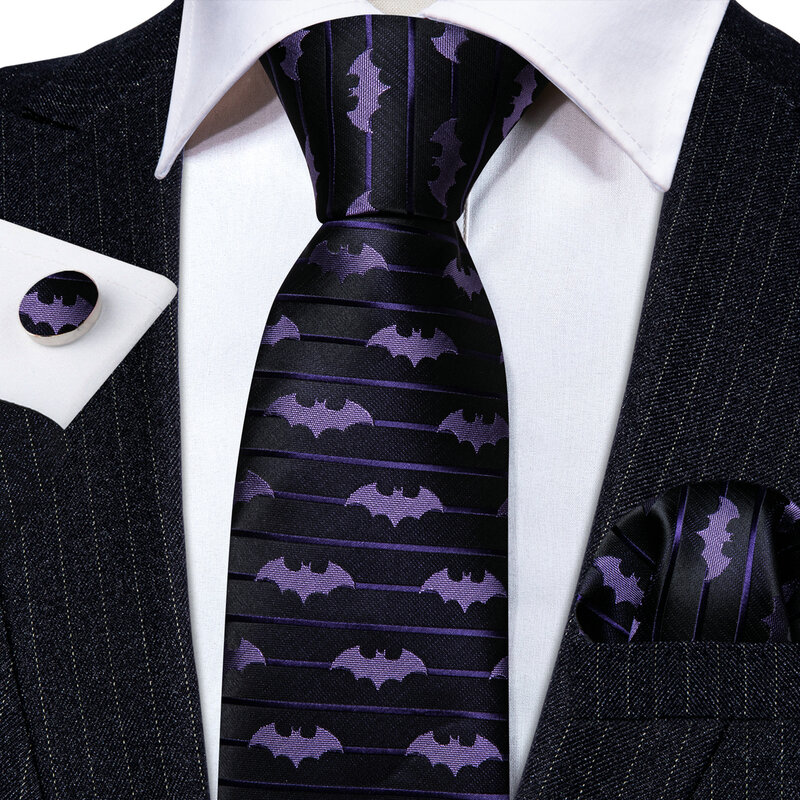 Barry.Wang-Corbata de murciélago de seda púrpura para hombre, conjunto de gemelos cuadrados de bolsillo con rayas negras de animales, FA-6210 de fiesta de boda, novedad