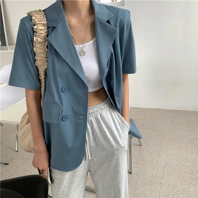 Summer Fashion Ol Short Sleeve Blazer Women Thin Lapel Neck Double-Breasted Suits Jacket Woman Solid Color Loose T Shirts Female