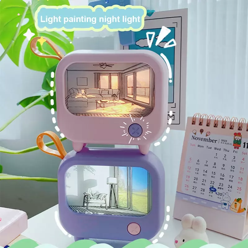 Lampu malam melukis TV, cahaya Led anak lucu lampu meja belajar dekorasi kamar rumah suasana pencahayaan Mini Desktop hadiah ulang tahun
