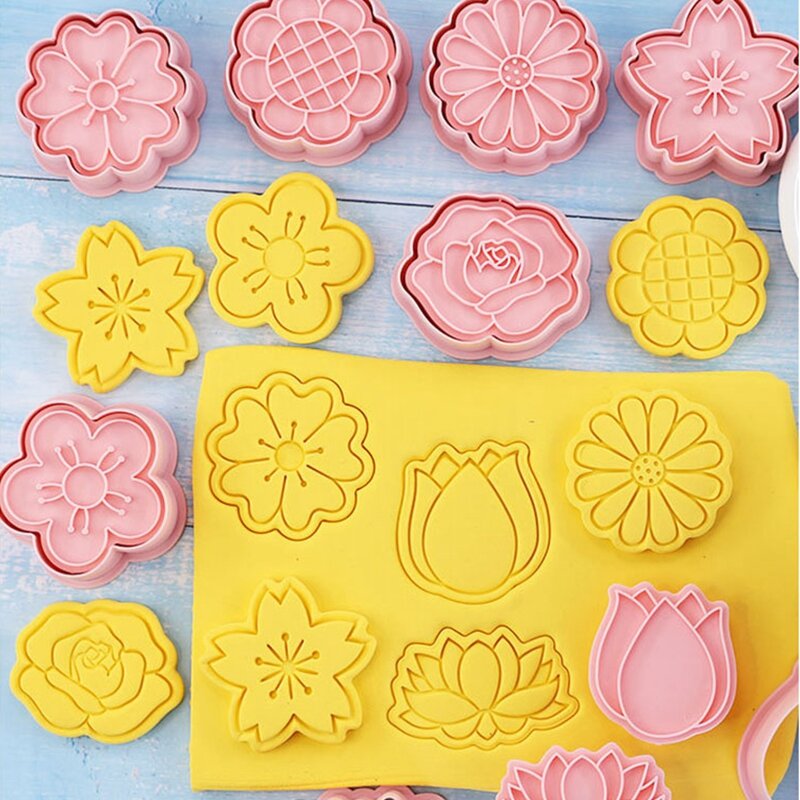 Cortadores de biscoito em forma de flor, plástico 3d molde cookie, diy fondant bolo molde, cozinha assar pastelaria bakeware, 8 pcs/set