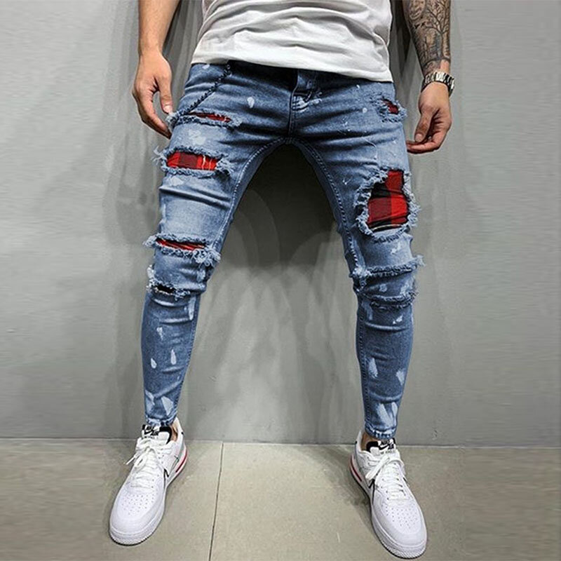 Рваные джинсы, Мужские Стрейчевые облегающие серые, синие, черные джинсовые брюки в стиле хип-хоп, уличная одежда, повседневные облегающие джинсы для мужчин, джинсы для бега