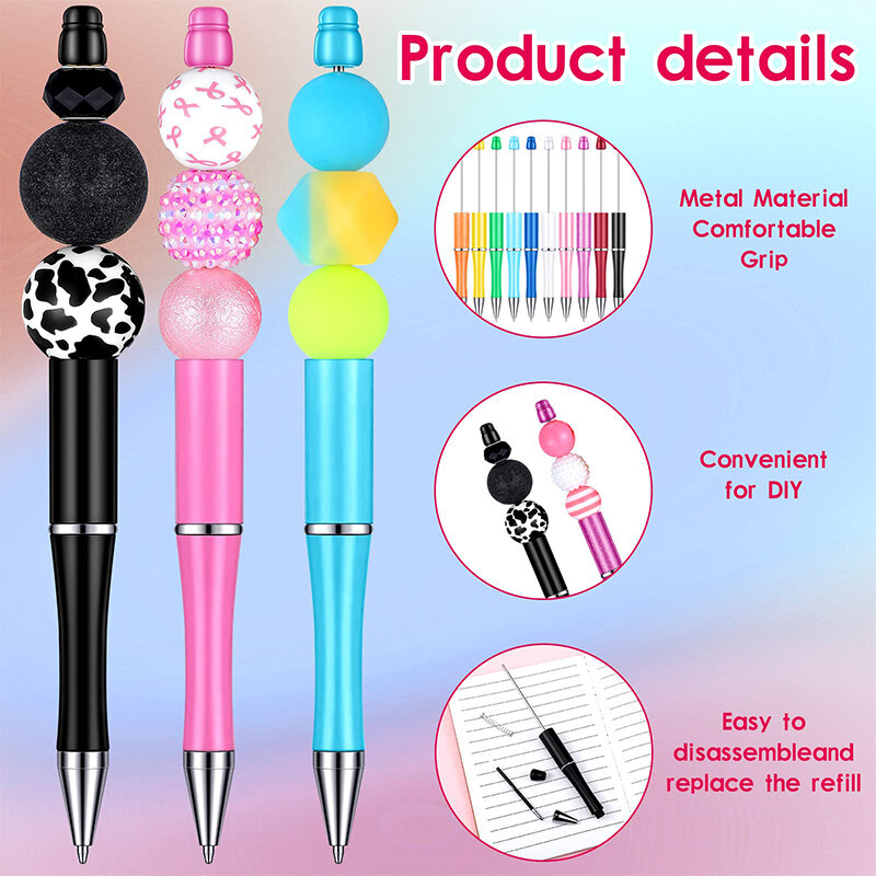 100Pcs Pieces Bead Ballpoint Pens Cute Black Ink School Writing Supplies Beadable Pens for Drawing Office Students Classroom