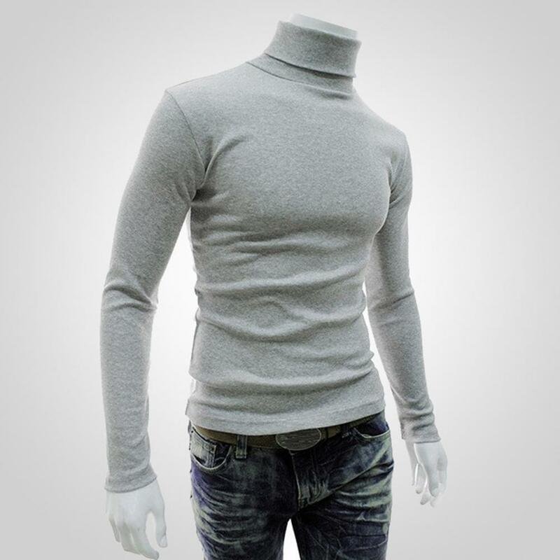 Stylish Autumn Pullover  Slim Fit Top Men Pullover  Solid Color Turtleneck Pullover