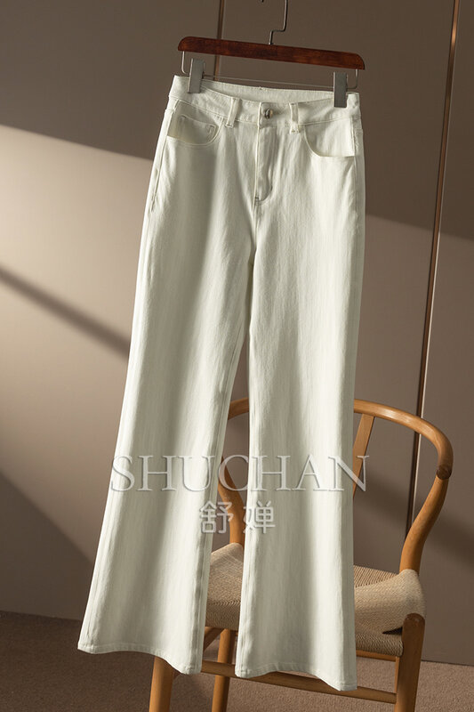 Calças Flare para mulheres, jeans de cintura alta, feitas de algodão e poliéster, novo verão 2021