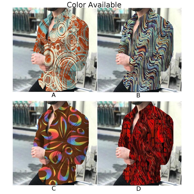 Men's Casual Printed Shirt  Button Down  Band Collar  Party T Dress Up  Size M 2XL  Polyester  Muscle Fitness  Long Sleeve