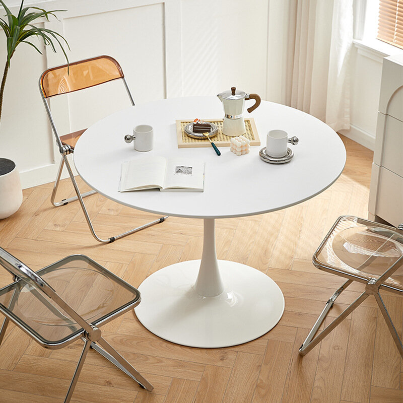 Mesa redonda pequeña y moderna para el hogar, conjunto de mesa de té de ocio, combinación de Silla, color blanco, simple, balcón, edroomside