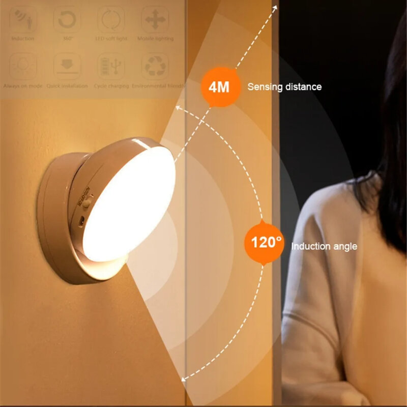 Lampu LED Sensor tubuh manusia berputar 360 derajat, lampu malam LED samping tempat tidur koridor tangga dapat diisi ulang hadiah kreatif