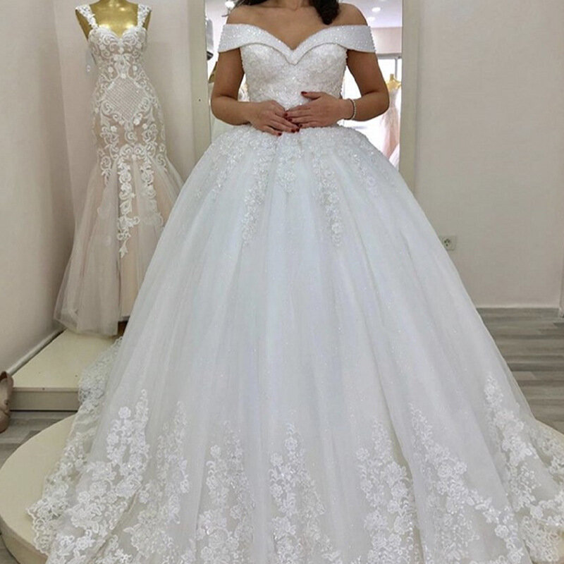 V Neck Backless Bridal Gown Applique Lace Bandage Wedding Dress with Long Trail Off Shoulder Applique Lace Bride Wedding Gown